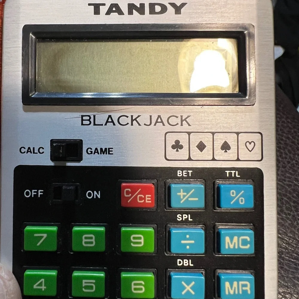 Tandy Blackjack 21 Vintage Handheld Electronic Game Calculator Brown Case Silver